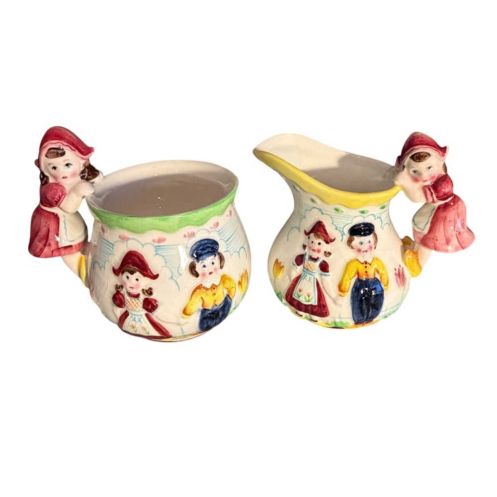 Vintage YP Japan Dutch Girl Creamer Sugar Set‎ Figural 1950s Kitchen Cottagecore